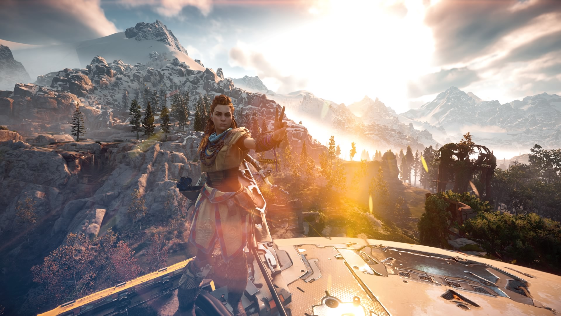 horizon zero dawn - aloy standing on top of a strider making the peace sign with the sun behind her
